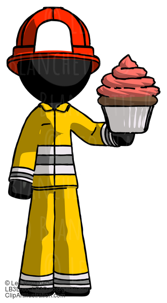 Black Firefighter Fireman Man Presenting Pink Cupcake To Viewer #13518