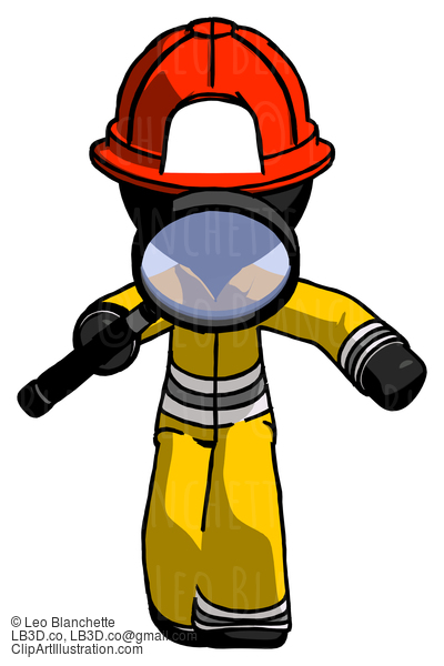 Black Firefighter Fireman Man Looking Down Through Magnifying Glass #13522