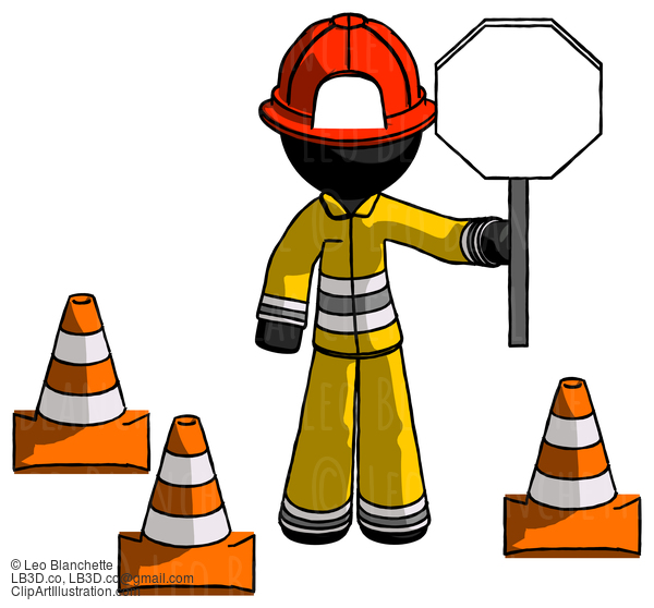 Black Firefighter Fireman Man Holding Stop Sign By Traffic Cones Under Construction Concept #13528