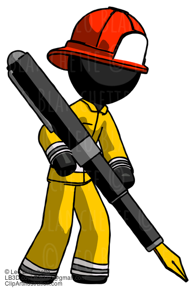 Black Firefighter Fireman Man Drawing Or Writing With Large Calligraphy Pen #13538