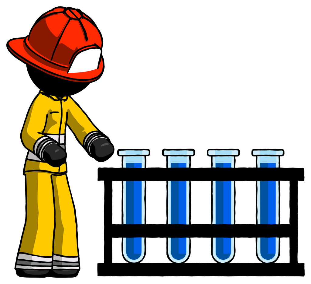 Black Firefighter Fireman Man Using Test Tubes Or Vials On Rack