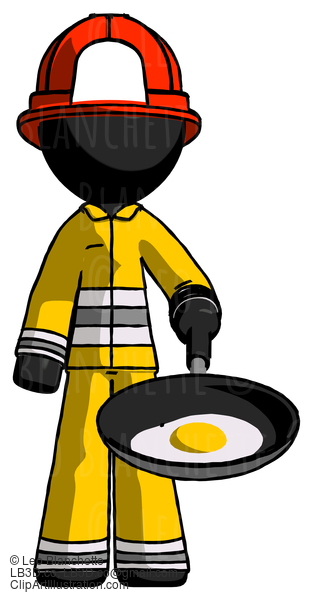 Black Firefighter Fireman Man Frying Egg In Pan Or Wok #13549