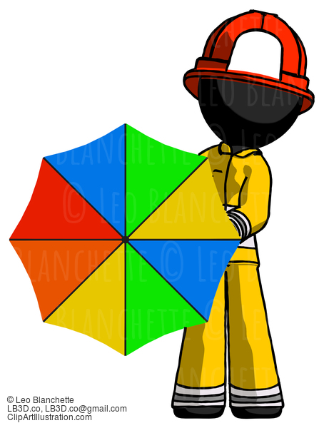 Black Firefighter Fireman Man Holding Rainbow Umbrella Out To Viewer #13555