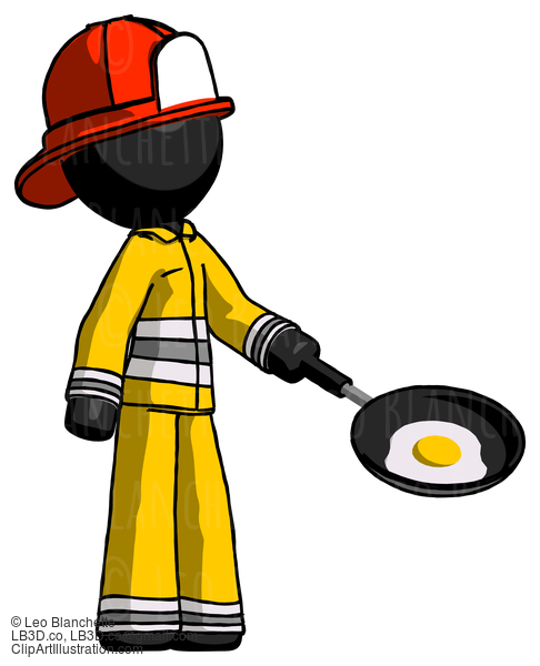 Black Firefighter Fireman Man Frying Egg In Pan Or Wok Facing Right #13558