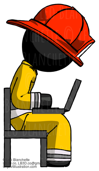 Black Firefighter Fireman Man Using Laptop Computer While Sitting In Chair View From Side #13567