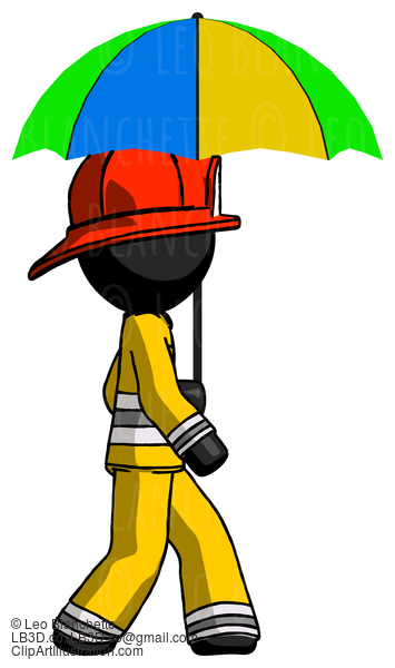 Black Firefighter Fireman Man Walking With Colored Umbrella #13571
