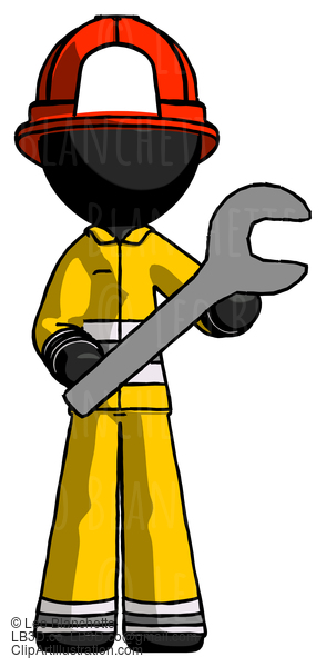 Black Firefighter Fireman Man Holding Large Wrench With Both Hands #13573