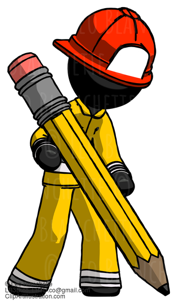 Black Firefighter Fireman Man Writing With Large Pencil #13575