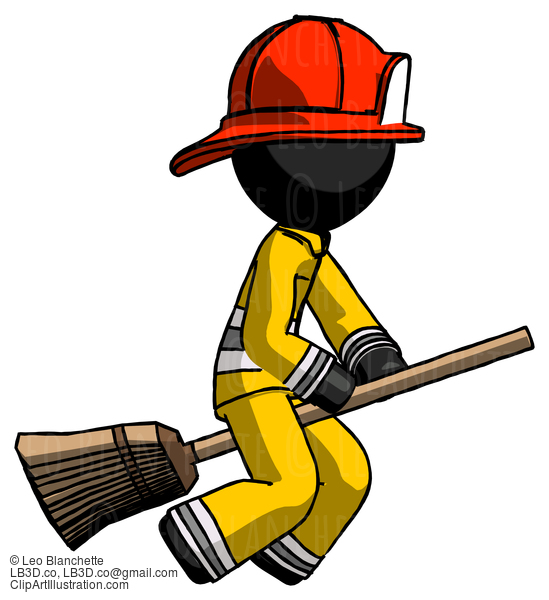 Black Firefighter Fireman Man Flying On Broom #13580