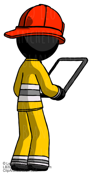 Black Firefighter Fireman Man Looking At Tablet Device Computer Facing Away #13581