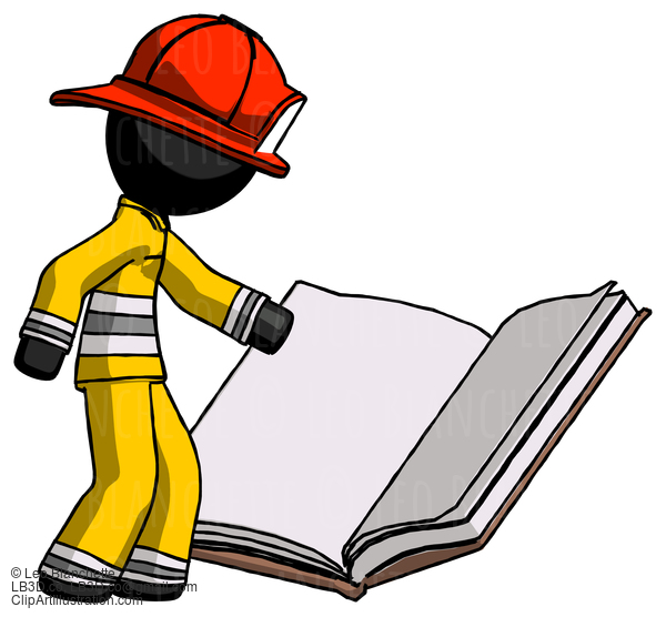 Black Firefighter Fireman Man Reading Big Book While Standing Beside It #13583