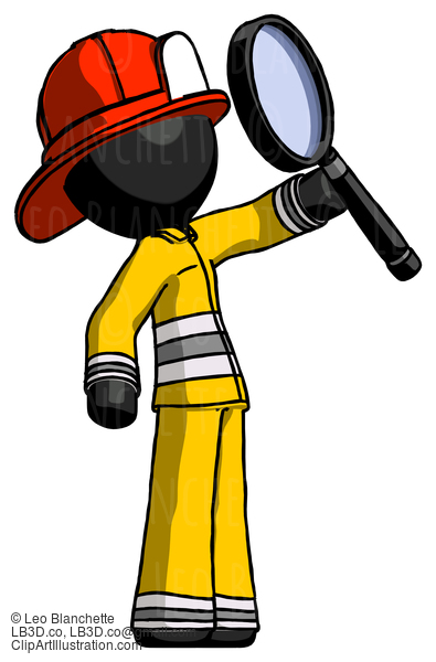 Black Firefighter Fireman Man Inspecting With Large Magnifying Glass Facing Up #13589