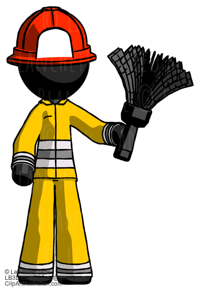 Black Firefighter Fireman Man Holding Feather Duster Facing Forward #13600