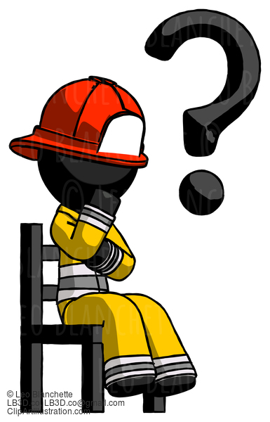 Black Firefighter Fireman Man Question Mark Concept, Sitting On Chair Thinking #13601