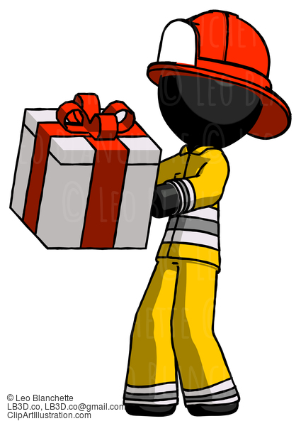 Black Firefighter Fireman Man Presenting A Present With Large Red Bow On It #13605