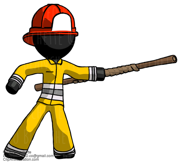 Black Firefighter Fireman Man Bo Staff Pointing Right Kung Fu Pose #13608