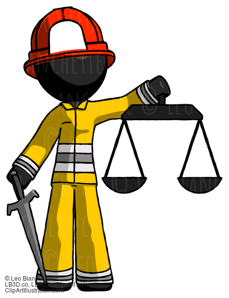 Black Firefighter Fireman Man Justice Concept With Scales And Sword, Justicia Derived #13617