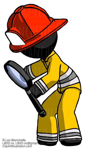 Black Firefighter Fireman Man Inspecting With Large Magnifying Glass Left #13619