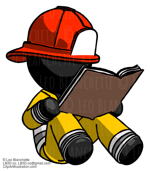 Black Firefighter Fireman Man Reading Book While Sitting Down #13623