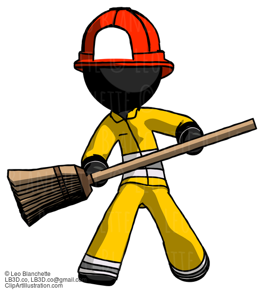 Black Firefighter Fireman Man Broom Fighter Defense Pose #13627