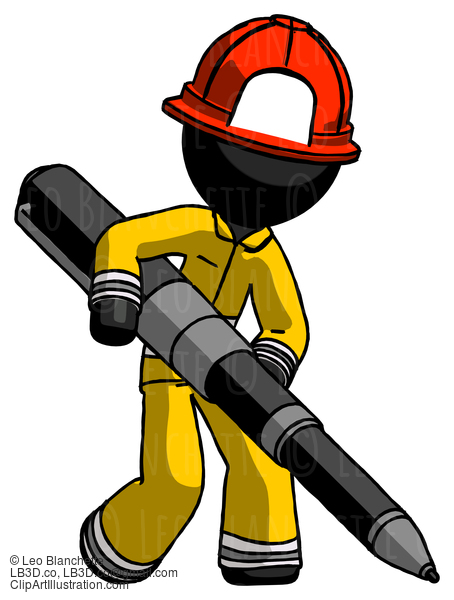 Black Firefighter Fireman Man Writing With A Really Big Pen #13640