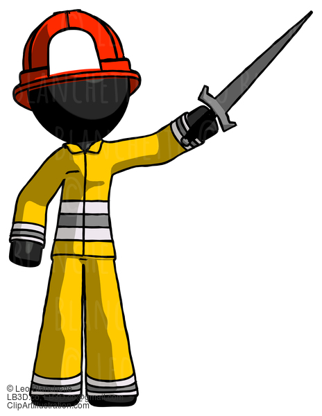 Black Firefighter Fireman Man Holding Sword In The Air Victoriously #13647