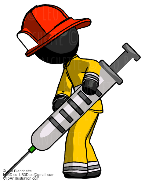 Black Firefighter Fireman Man Using Syringe Giving Injection #13657