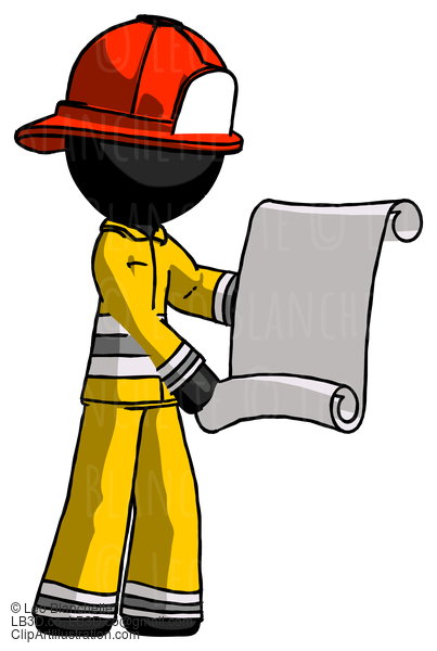 Black Firefighter Fireman Man Holding Blueprints Or Scroll #13681