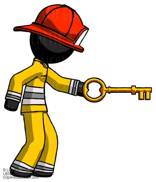 Black Firefighter Fireman Man With Big Key Of Gold Opening Something #13682