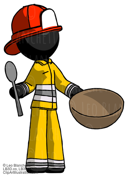 Black Firefighter Fireman Man With Empty Bowl And Spoon Ready To Make Something #13688