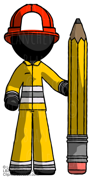 Black Firefighter Fireman Man With Large Pencil Standing Ready To Write #13699