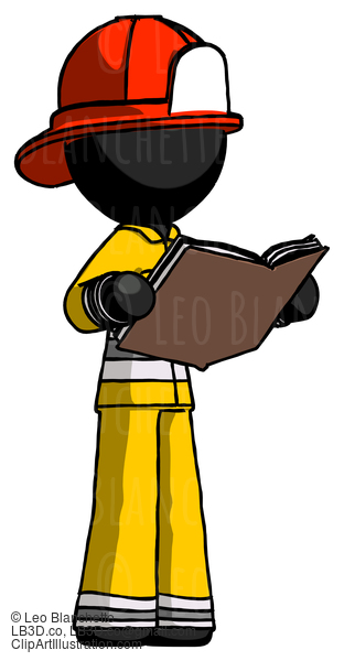 Black Firefighter Fireman Man Reading Book While Standing Up Facing Away #13700