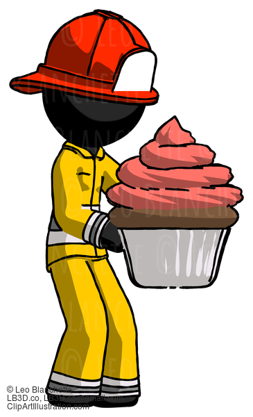 Black Firefighter Fireman Man Holding Large Cupcake Ready To Eat Or Serve #13701