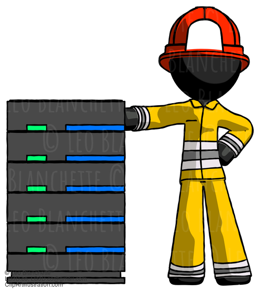 Black Firefighter Fireman Man With Server Rack Leaning Confidently Against It #13705