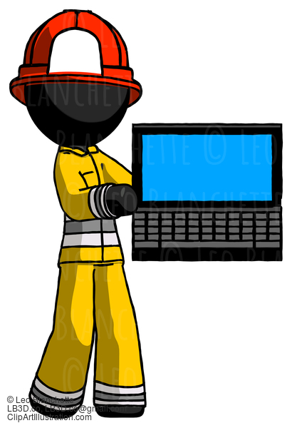 Black Firefighter Fireman Man Holding Laptop Computer Presenting Something On Screen #13706