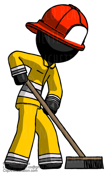 Black Firefighter Fireman Man Cleaning Services Janitor Sweeping Side View #13709