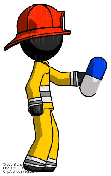 Black Firefighter Fireman Man Holding Blue Pill Walking To Right #13712