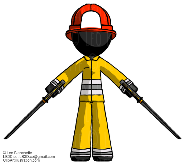 Black Firefighter Fireman Man Posing With Two Ninja Sword Katanas #13716