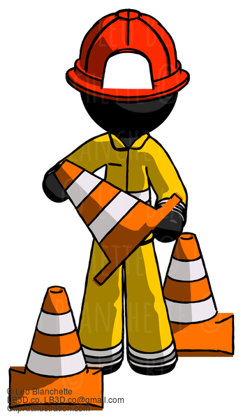 Black Firefighter Fireman Man Holding A Traffic Cone #13724