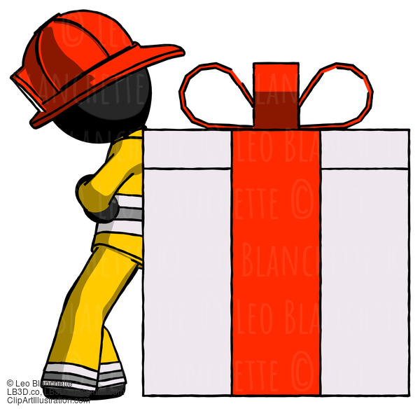 Black Firefighter Fireman Man Gift Concept - Leaning Against Large Present #13733