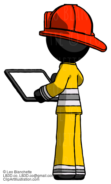 Black Firefighter Fireman Man Looking At Tablet Device Computer With Back To Viewer #13736