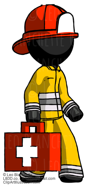 Black Firefighter Fireman Man Walking With Medical Aid Briefcase To Right #13737