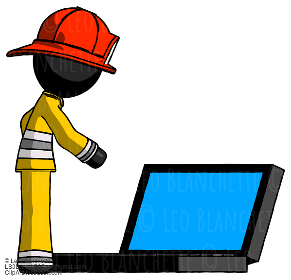 Black Firefighter Fireman Man Using Large Laptop Computer Side Orthographic View #13746