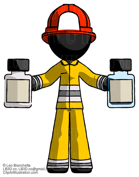 Black Firefighter Fireman Man Holding Two Medicine Bottles #13747