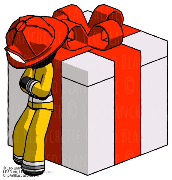 Black Firefighter Fireman Man Leaning On Gift With Red Bow Angle View #13757