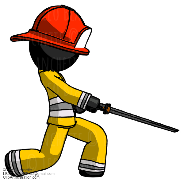 Black Firefighter Fireman Man With Ninja Sword Katana Slicing Or Striking Something #13759