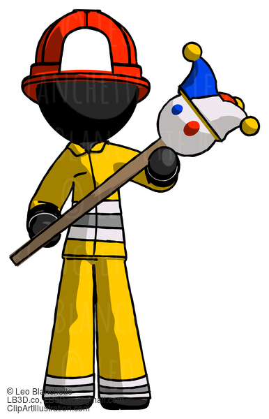 Black Firefighter Fireman Man Holding Jester Diagonally #13763