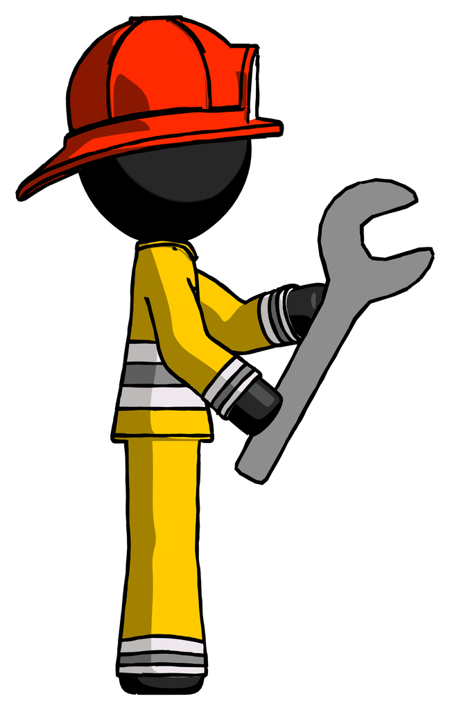 Black Firefighter Fireman Man Using Wrench Adjusting Something To Right