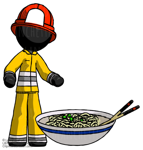 Black Firefighter Fireman Man And Noodle Bowl, Giant Soup Restaraunt Concept #13772