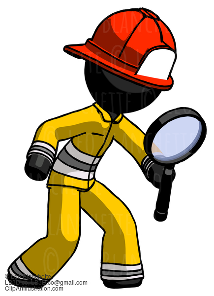 Black Firefighter Fireman Man Inspecting With Large Magnifying Glass Right #13773